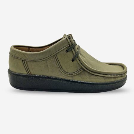Grasshopper Hornsby grey olive leather shoe side front angle with lace-up closure and stitch panels