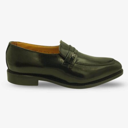Side front view of Johnston & Murphy black bit loafer shoes