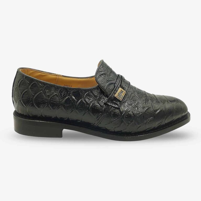 Johnston & Murphy black croc-print leather bit loafer side front profile