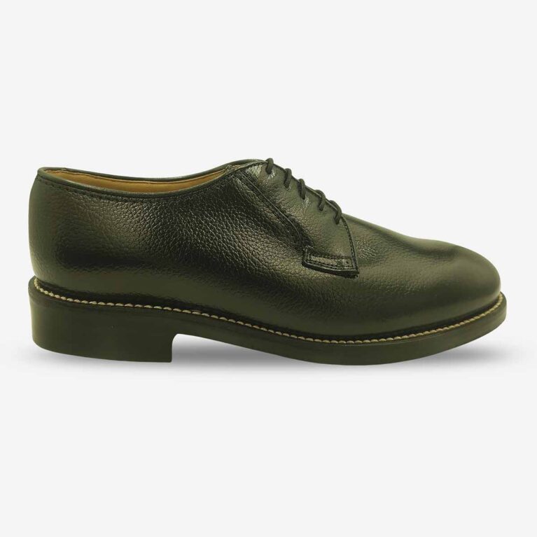 Side front view of Johnston & Murphy black textured leather derby