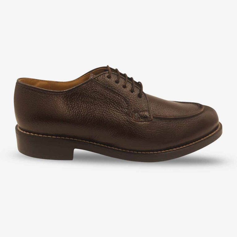 Side front of Johnston & Murphy dark brown textured leather derby