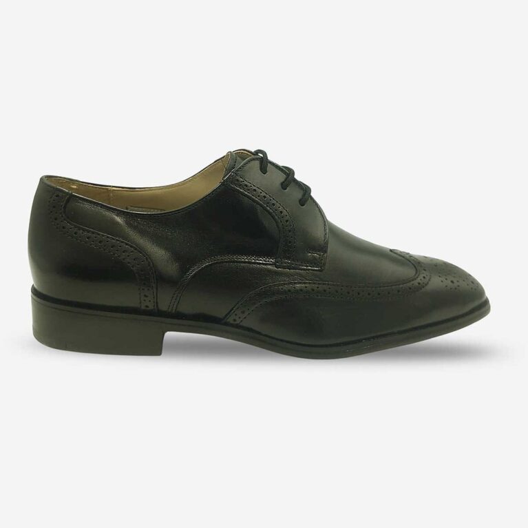 Side front of Johnston & Murphy black leather derby wingtip brogue
