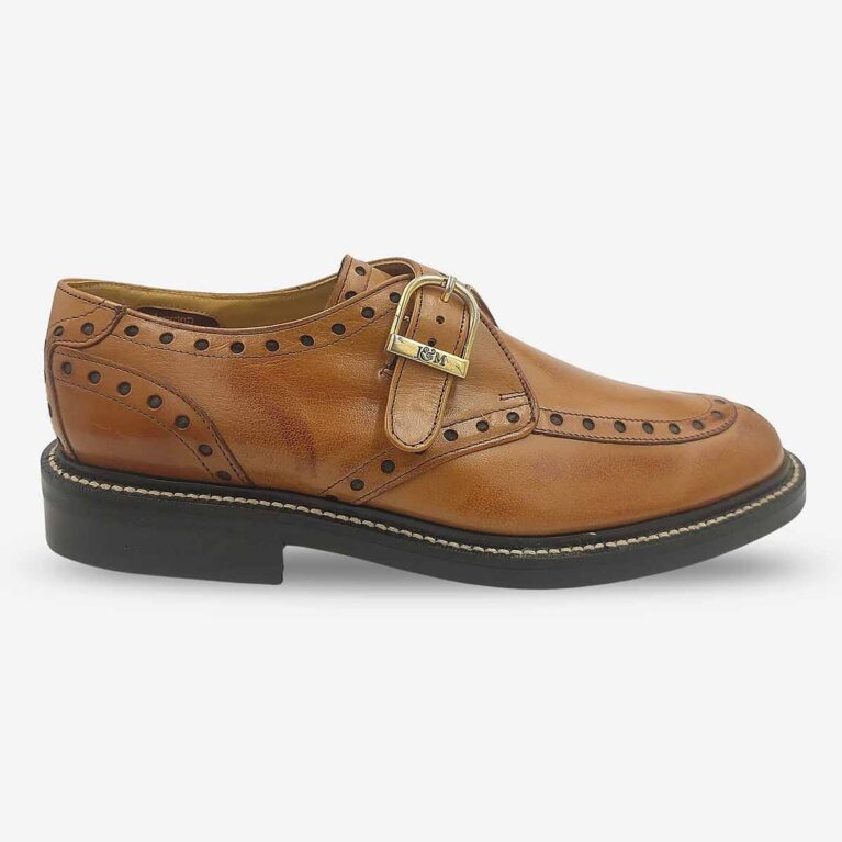 Side front view of Johnston & Murphy tan leather monk strap shoe