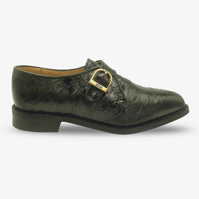 Side front view of Johnston & Murphy black croc-embossed monk strap shoe