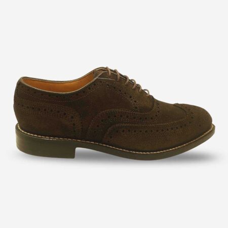 Side front of Johnston & Murphy chocolate suede oxford wingtip brogue