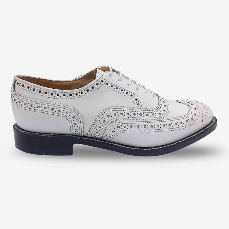 Side front of Johnston & Murphy white oxford wingtip brogue