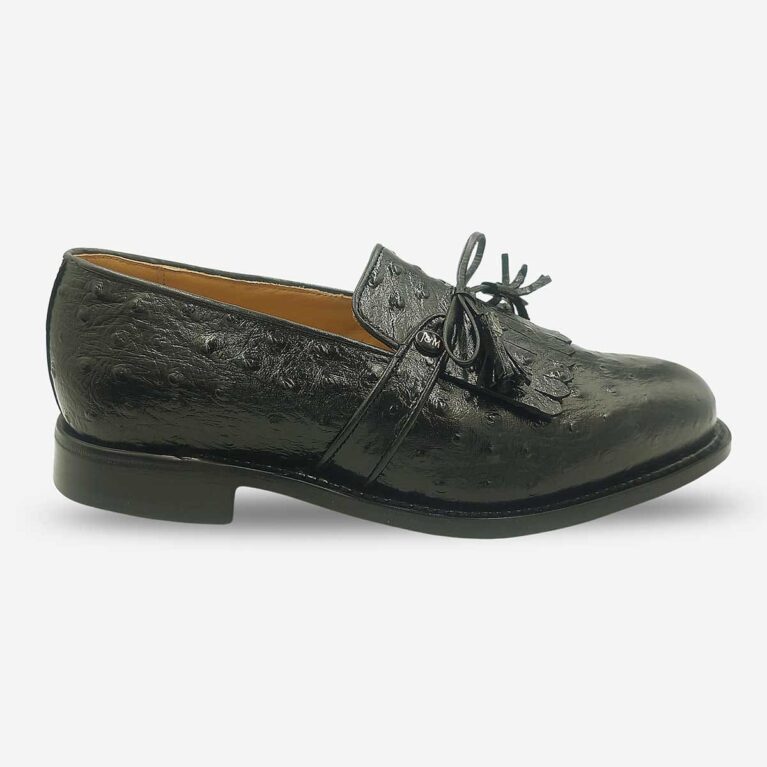 Johnston & Murphy black ostrich embossed leather tassel loafer side front view