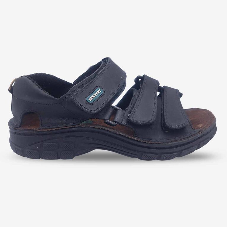 Side front view of Newport Duke Rodeo Black Sandal.