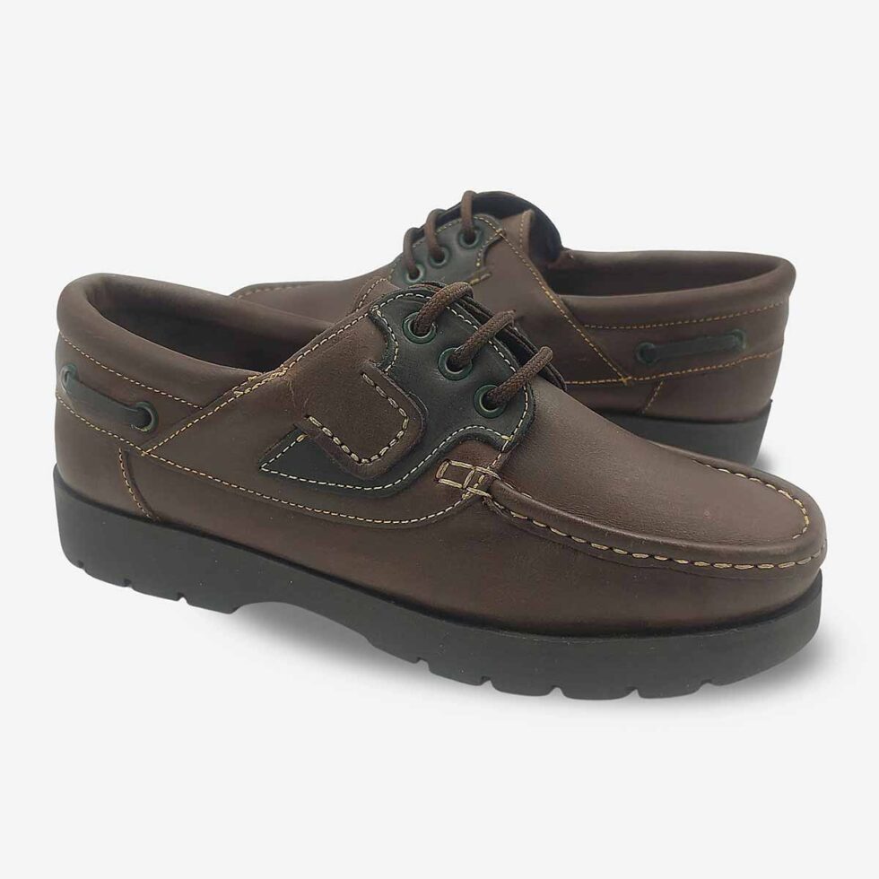 Mirrored pair of Newport Seaman Rodeo Brown Black Shoes.