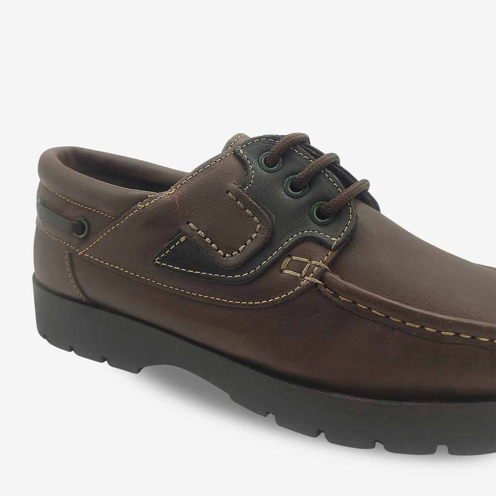 Close-up of Newport Seaman Rodeo Brown Black Shoe.