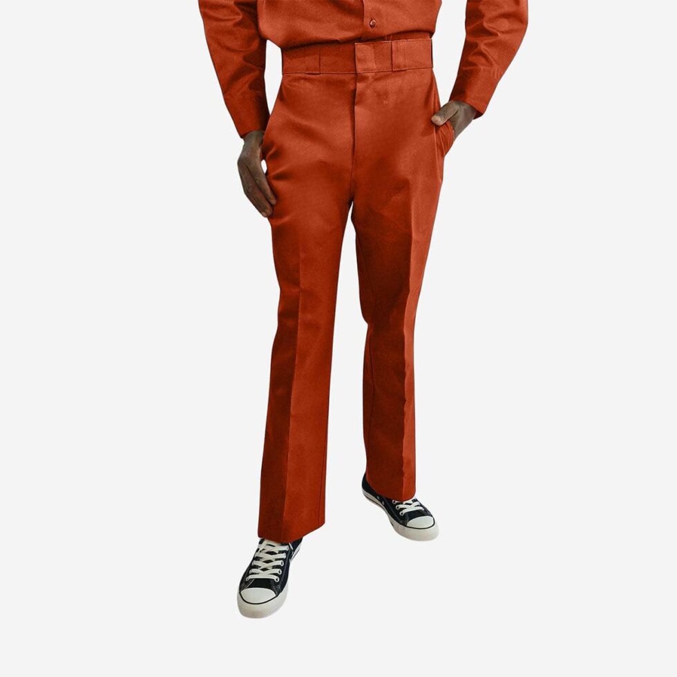 Three Quarter view of Dickies 847 trousers in Pumpkin Orange Colour