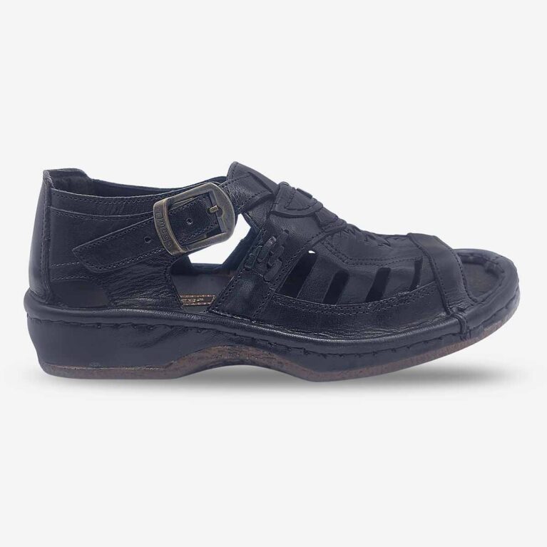 Side front view of Omega Kobe Buffalo Black Sandal.