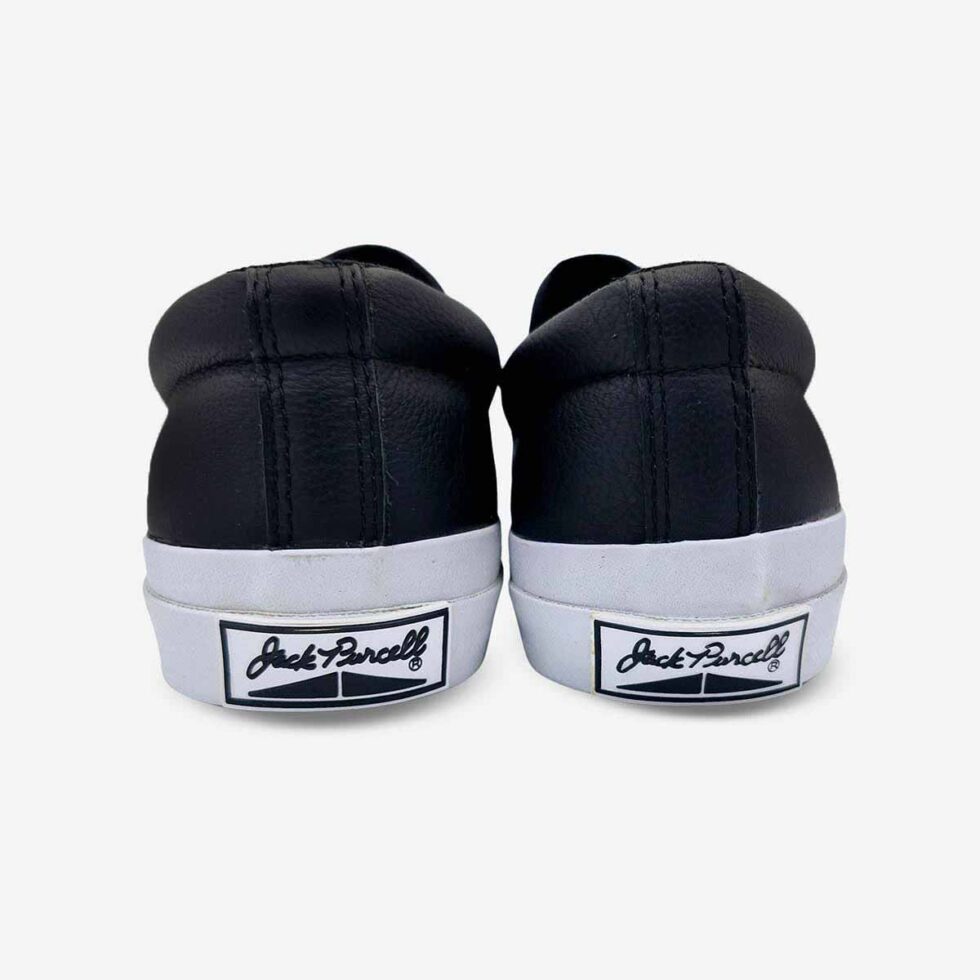 Back view of Jack Purcell men’s slip-on sneaker in black colour with R heel detail