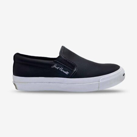 Side-front view of Jack Purcell men’s slip-on sneaker in black colour leather