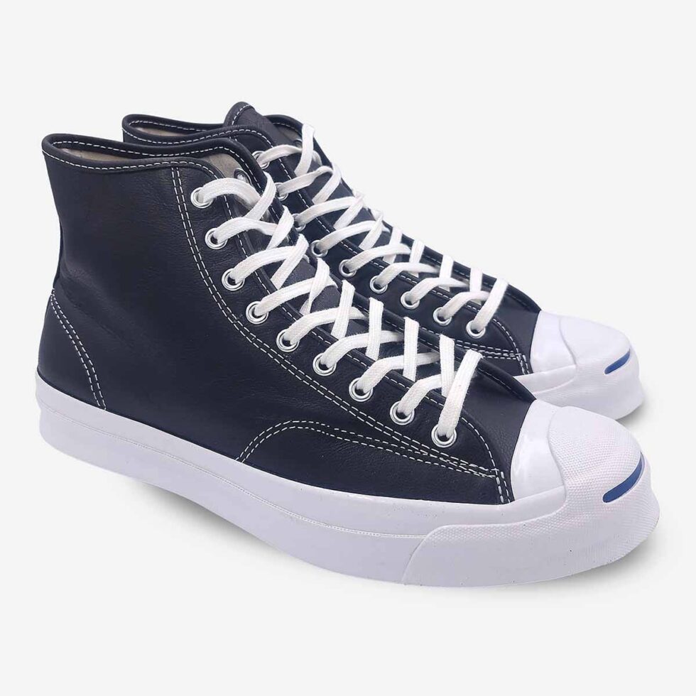 Angled pair of Jack Purcell signature leather high-top boots in black with lace-up design