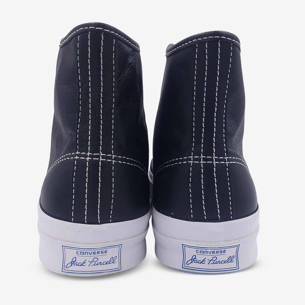 Back view of Jack Purcell signature black leather high-top boot with rear branding