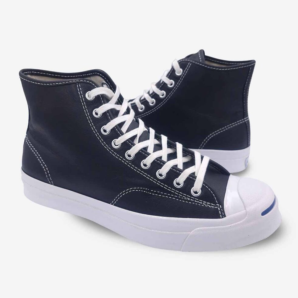 Mirrored pair of Jack Purcell signature black leather lace-up high-top boots