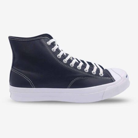 Side-front view of Jack Purcell signature black leather high-top boot