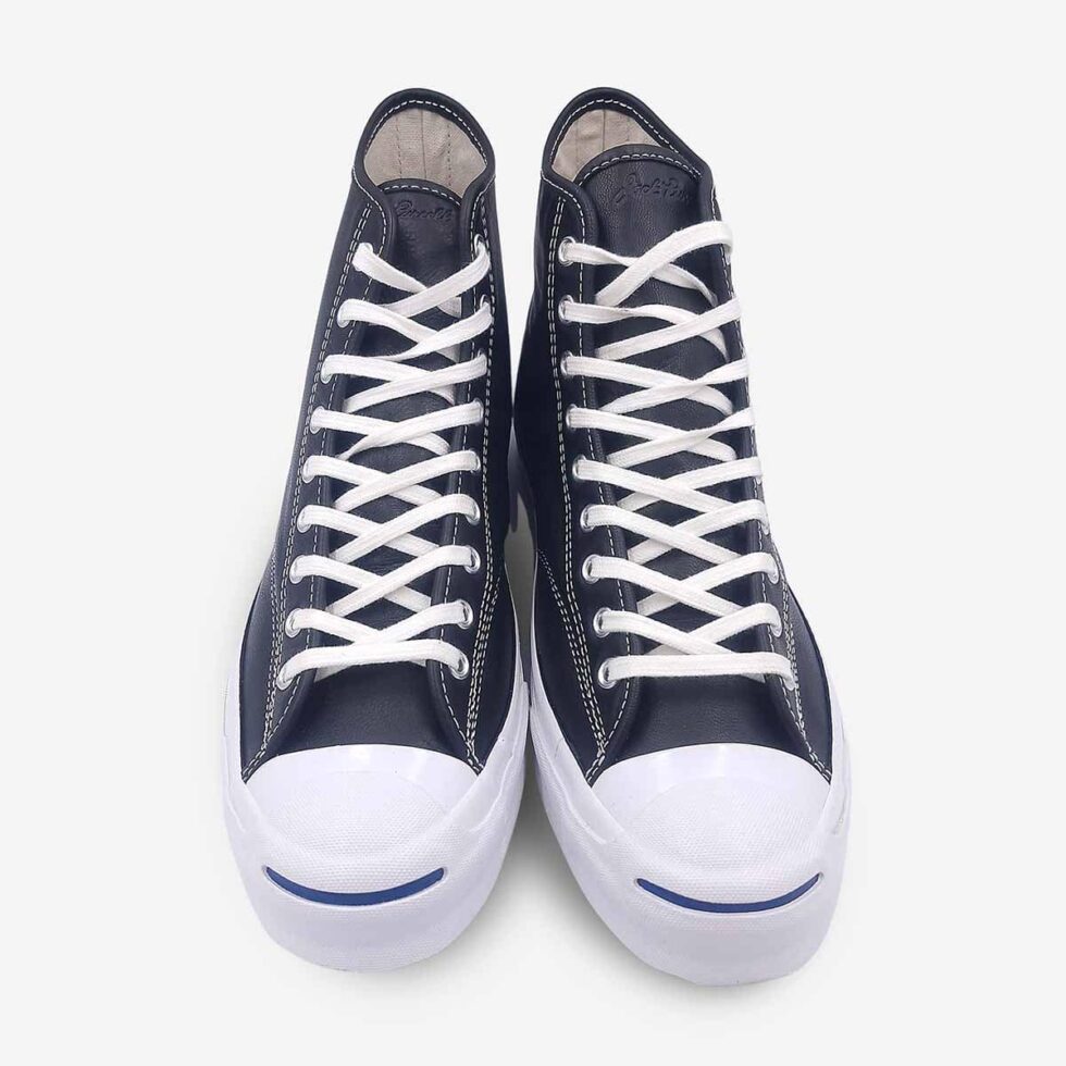 Top view of Jack Purcell black leather high-top boots showing lace-up front