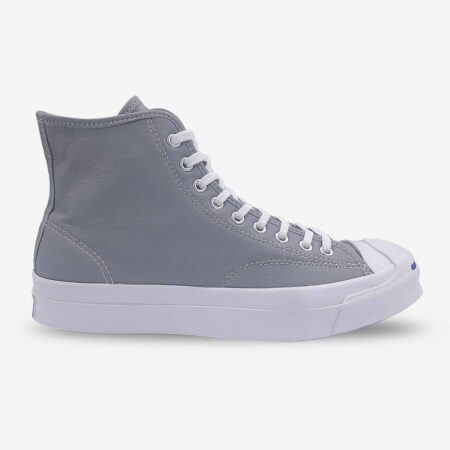 Side-front view of Jack Purcell grey leather high-top boot