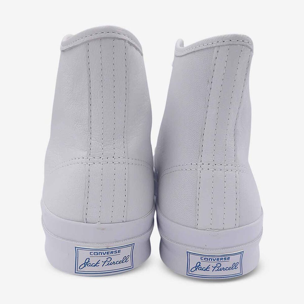 Back view of Jack Purcell signature white leather boot showing Jack Purcell branding