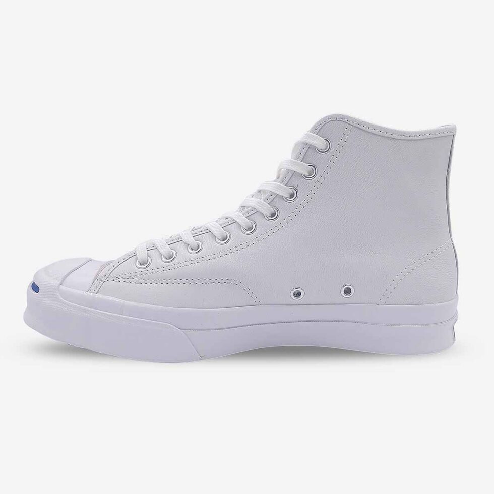 Inner side of Jack Purcell white leather boot with lace-up closure and leather upper