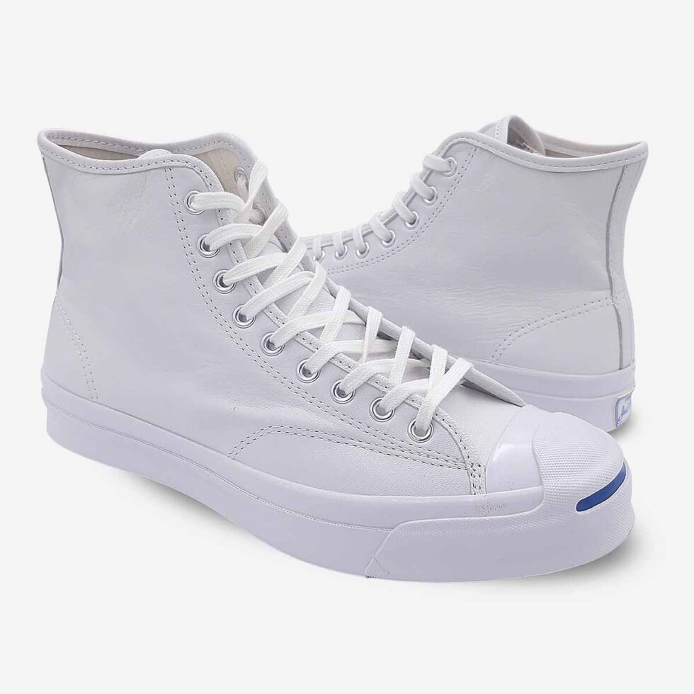 Mirrored pair of Jack Purcell signature white leather lace-up boots