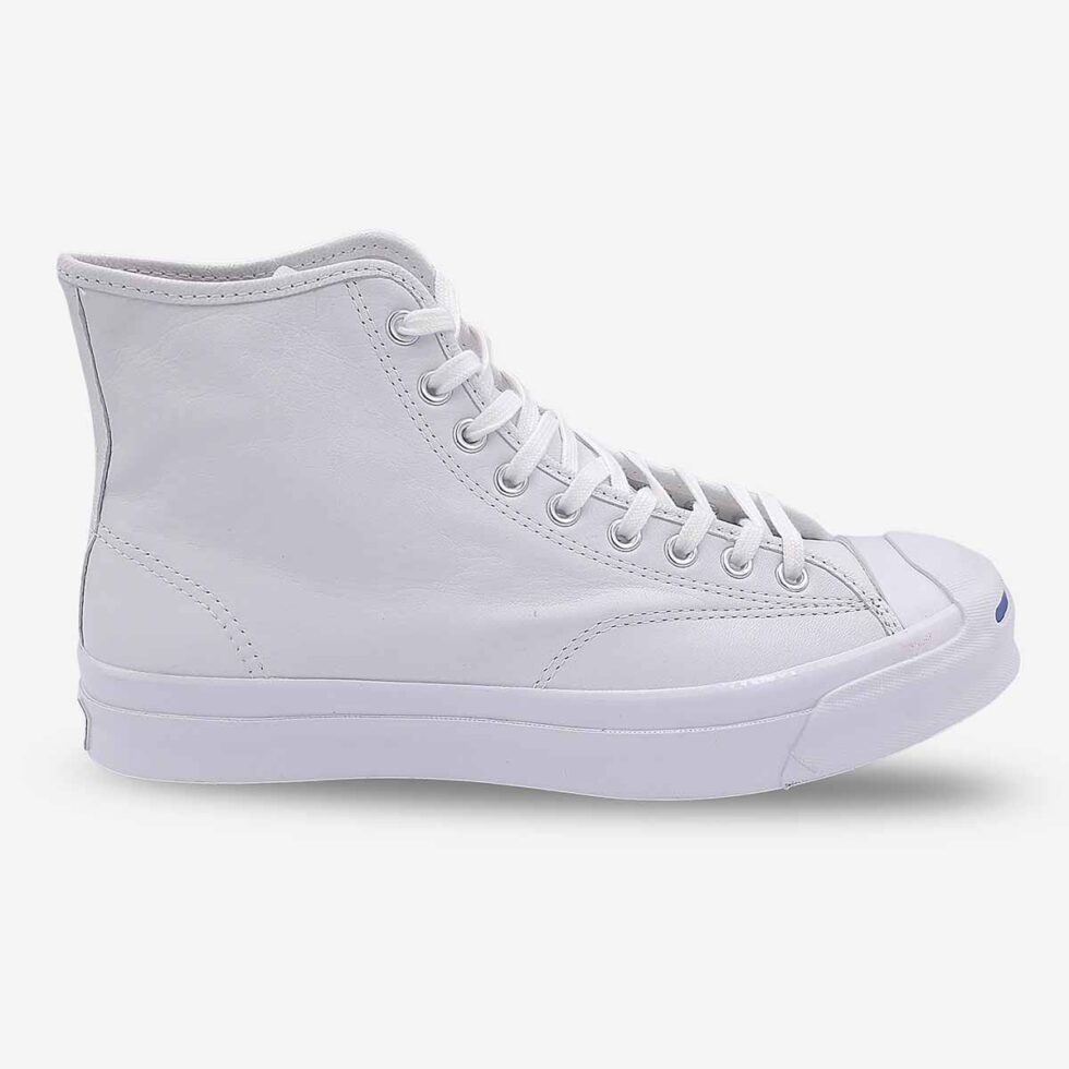 Side-front view of Jack Purcell signature leather boot in white