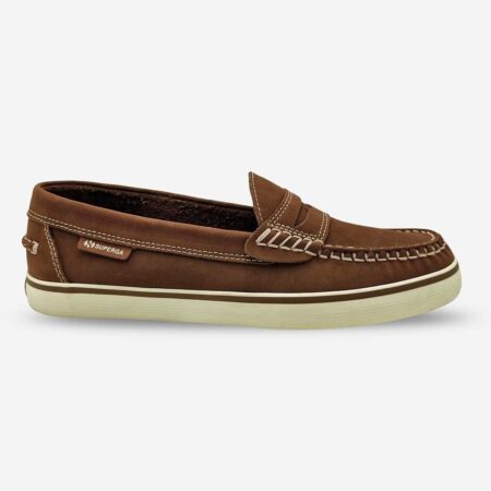 Superga 2002 NBKM moccasin in chocolate brown, side-front view with visible stitching and side tab branding