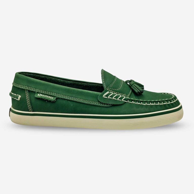 Superga 2006 NBKM jungle green tassel moccasin, side-front view showing stitched upper and tassel detail