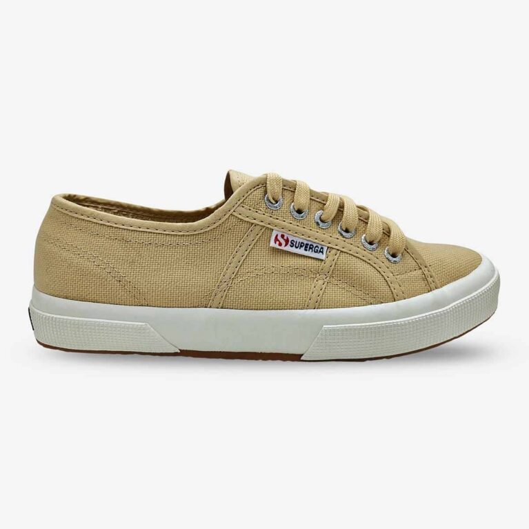 Superga 2750 Cotu Beige Almond sneaker, side-front view showing tonal stitching and subtle Superga side tab