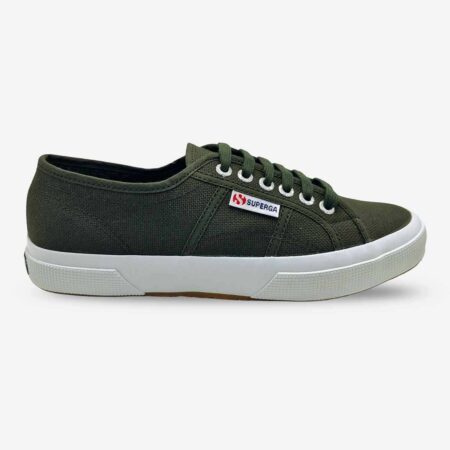 Superga 2750 Cotu Dark Green sneaker, side-front view showing tonal stitching and Superga side tab branding