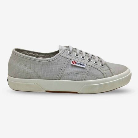 Superga 2750 Cotu Silver Grey sneaker, side-front view showing tonal stitching and subtle Superga side tab
