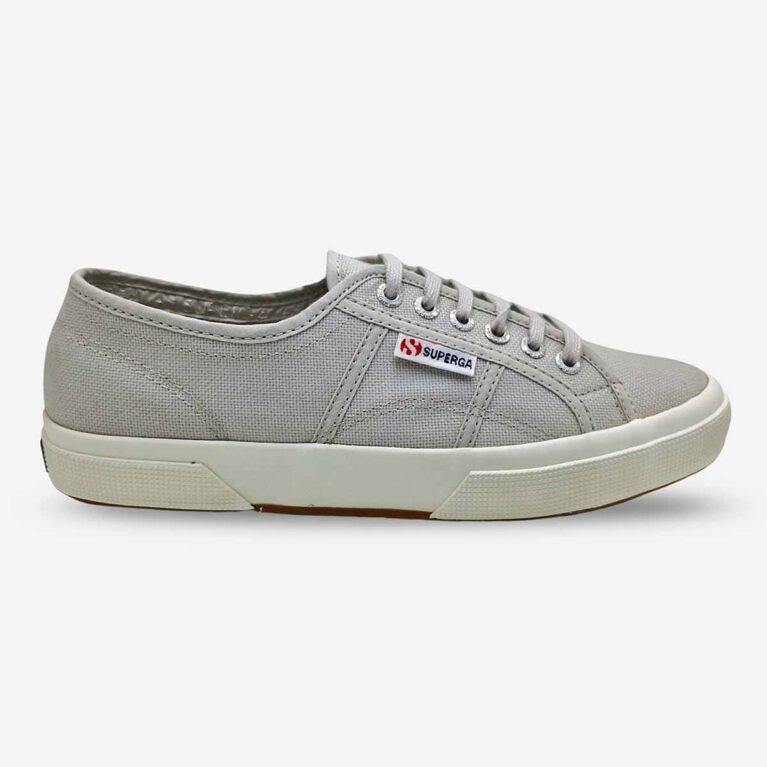 Superga 2750 Cotu Silver Grey sneaker, side-front view showing tonal stitching and subtle Superga side tab