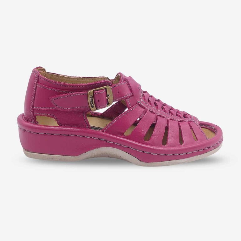 Side front view of Omega Kids Soft Saddle Aurora Pink Sandal.