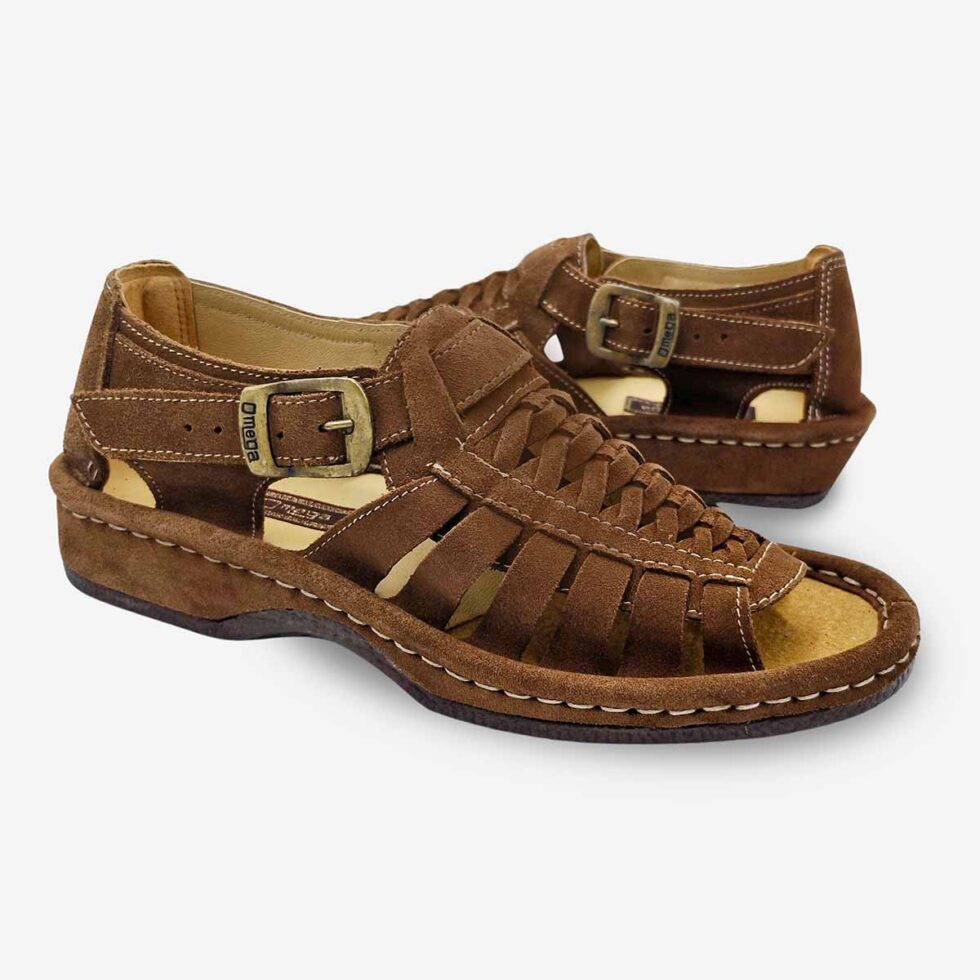 Mirrored pair view of Omega Kgosi Suede Donkey Brown Sandals.