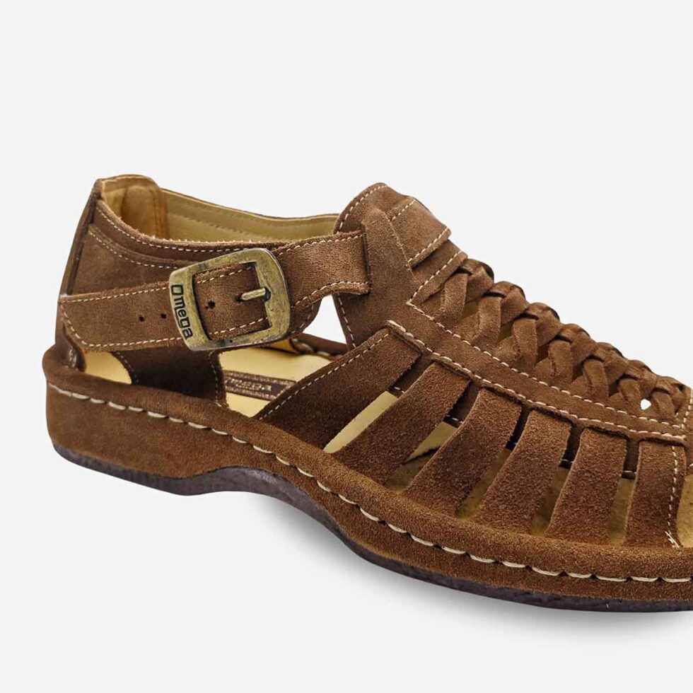 Up close view of Omega Kgosi Midrid Suede Donkey Sandal in mid-brown suede.