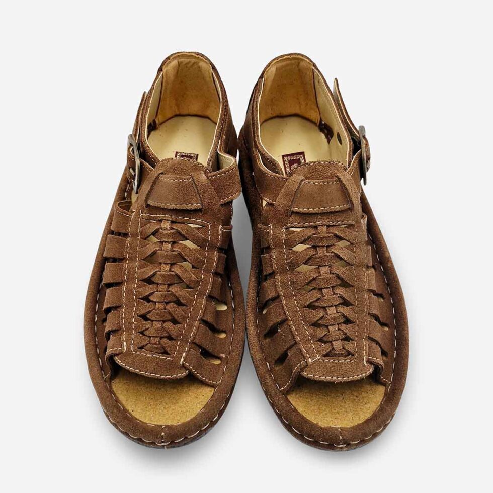 Top view of Omega Kgosi Midrid Suede Donkey Sandal in mid-brown suede.