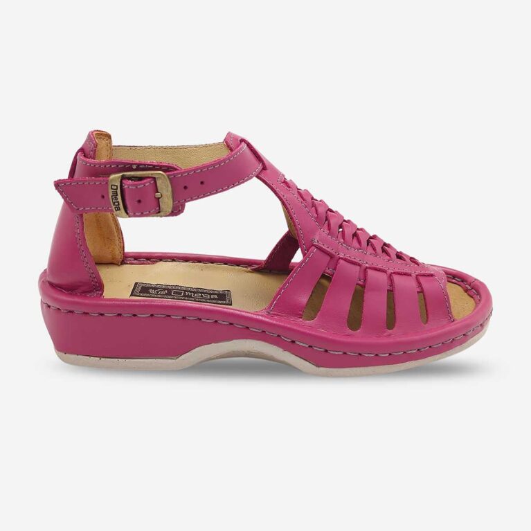 Side front view of Omega Ladies Pink Sandal with adjustable buckle strap and higher ankle design.