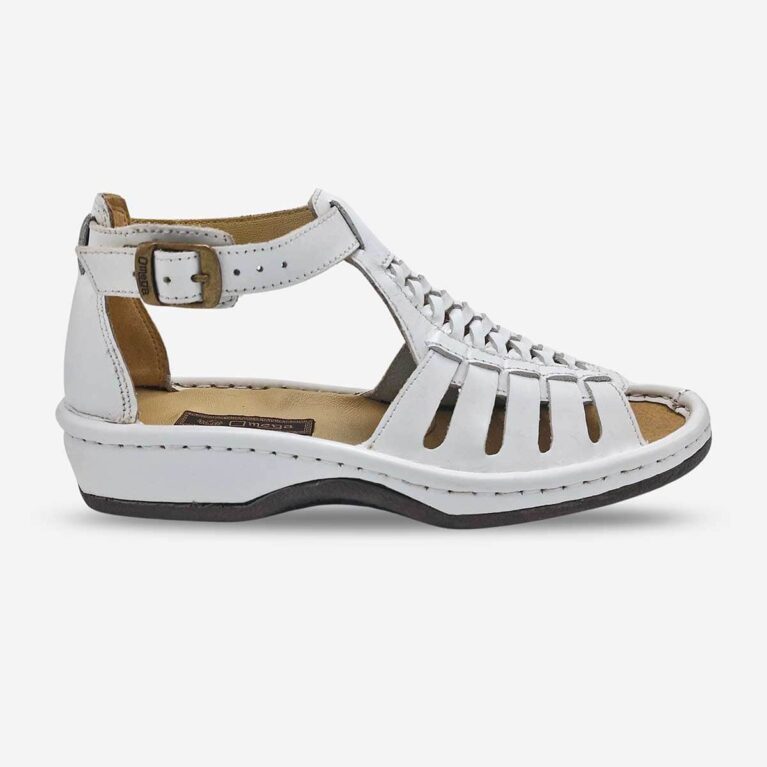 Side front view of Omega Ladies Leather Sandal in White with classic cut.