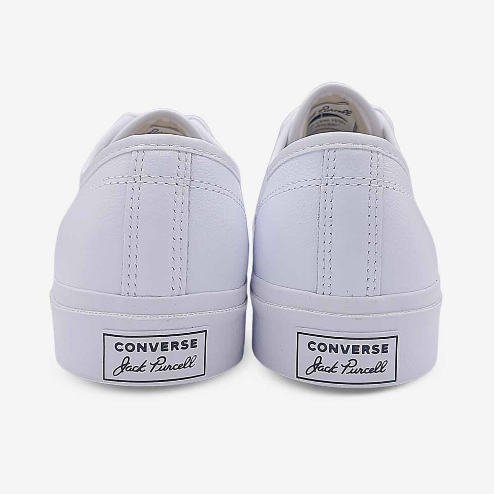 Back view of Jack Purcell low white leather sneaker showing heel branding