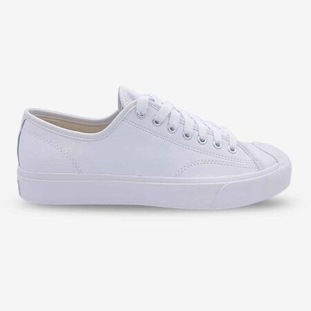 Side-front view of Jack Purcell low white leather sneaker showing lace-up front