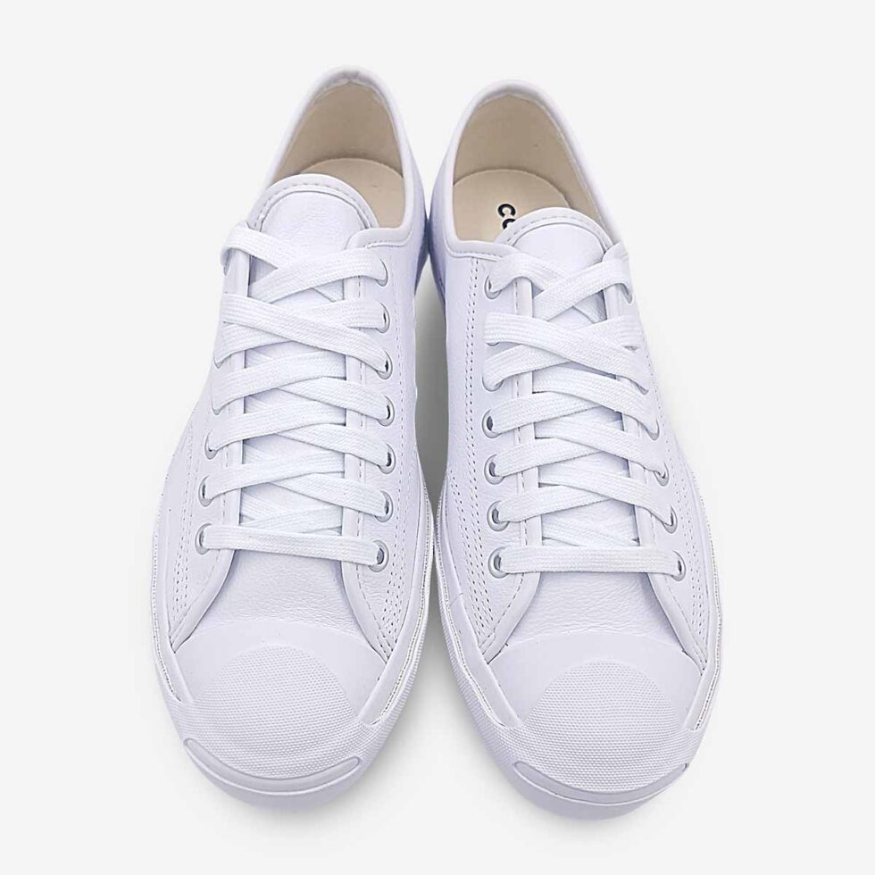 Top view of Jack Purcell low white leather sneaker showing lace-up closure