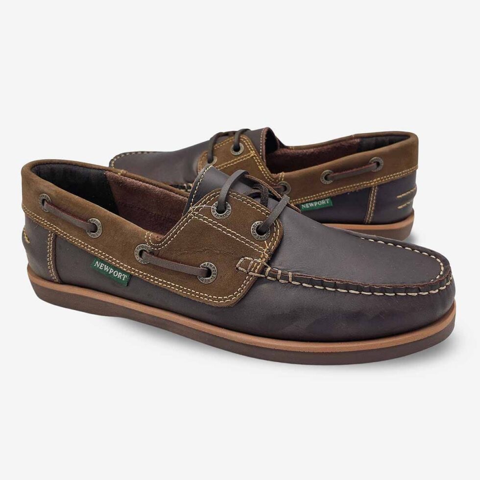 Mirrored pair view of Newport First Mate Temp Shoes in a two-tone chocolate colour — featuring dark brown and mid brown tones.