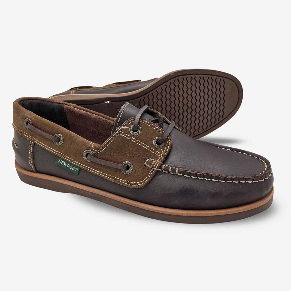 A pair of Newport First Mate Temp Shoes in a two-tone chocolate colour, shown in an angled and sole view — one shoe angled upright, the other laid on its side to reveal the sole and contrasting dark brown and mid brown leathers.