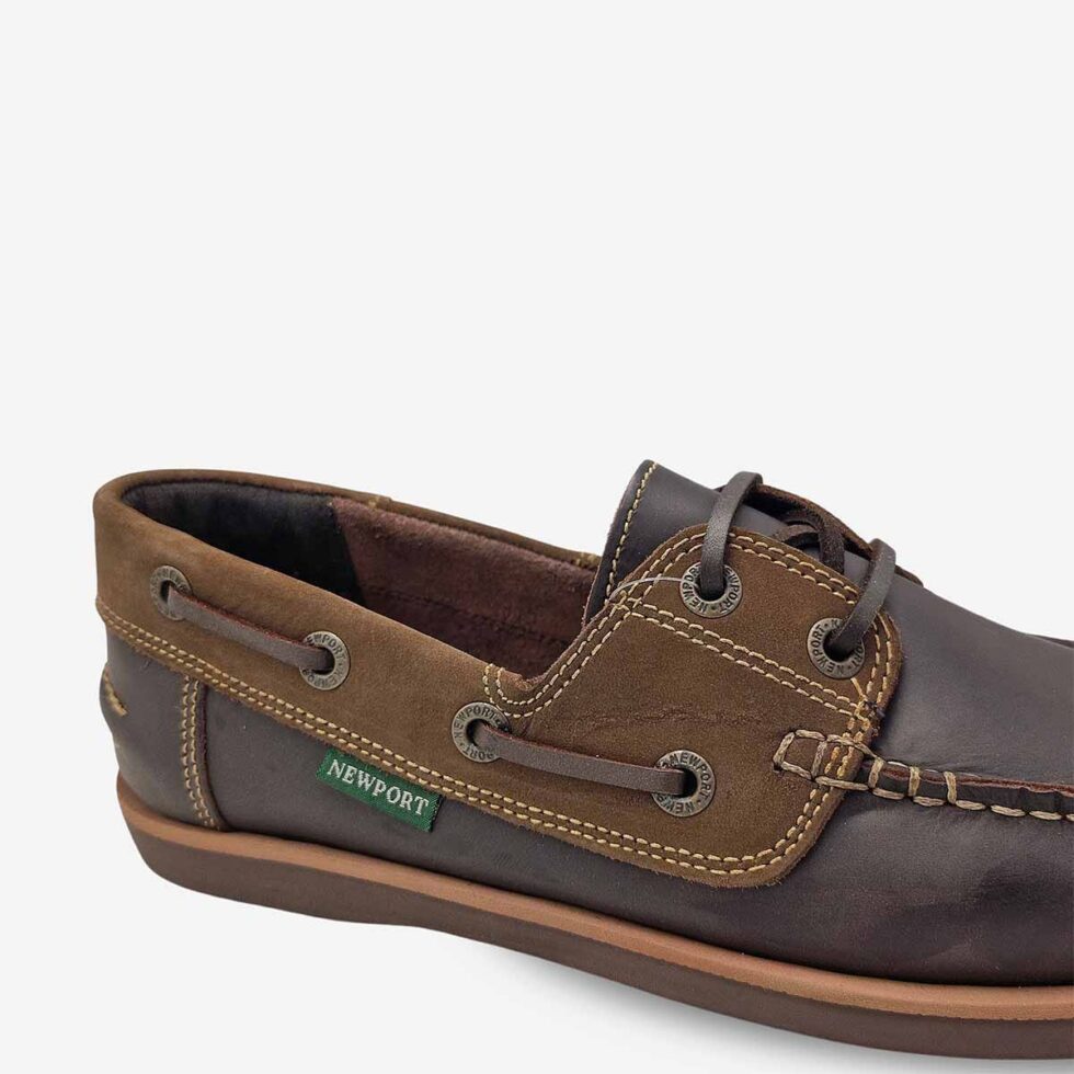 Up close view of Newport First Mate Temp Shoes in a two-tone chocolate design — showcasing the contrast between dark brown and mid brown leather.