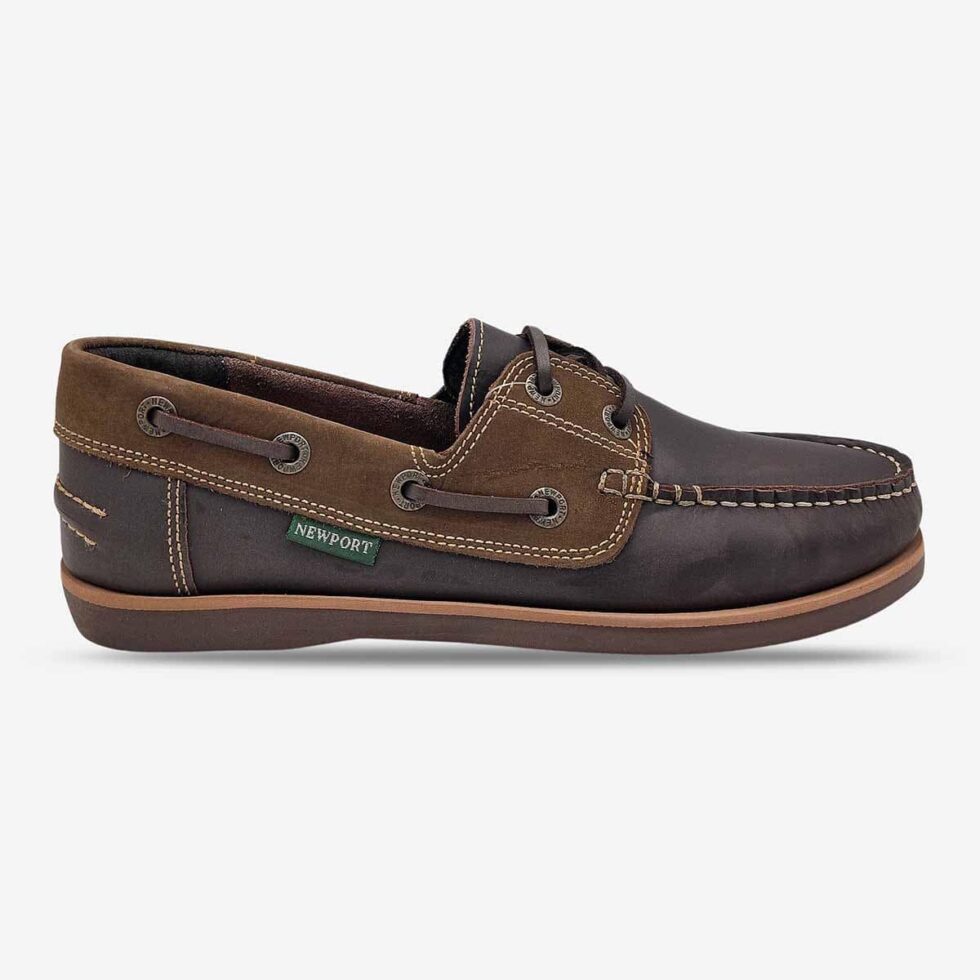Side front view of Newport First Mate Temp Shoes in a two-tone chocolate colour — combining dark brown and mid brown leather.