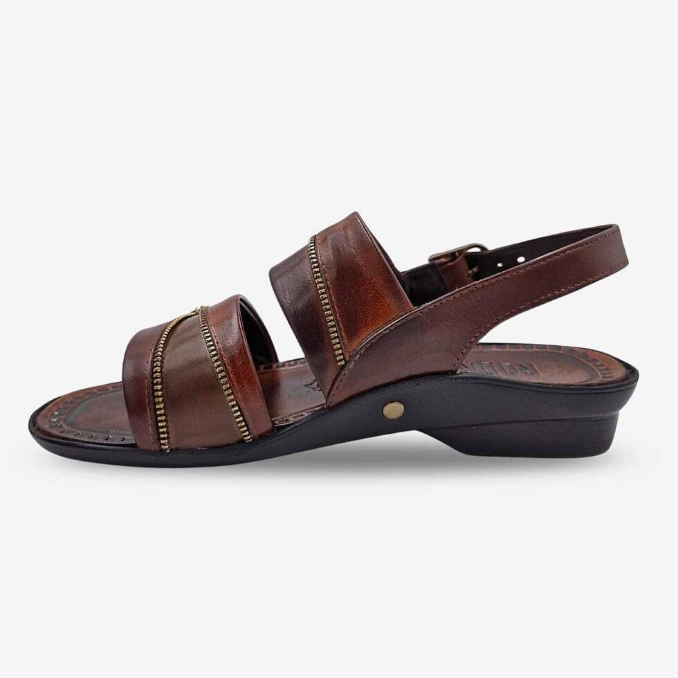 Inner Side View of Rodrigo Open-Toe Sandals in Taupe highlighting zip-patterned wave straps and adjustable buckle.