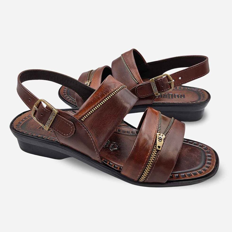 Mirrored Pair View of Rodrigo Open-Toe Sandals in Taupe with wave straps and zip-pattern detailing.