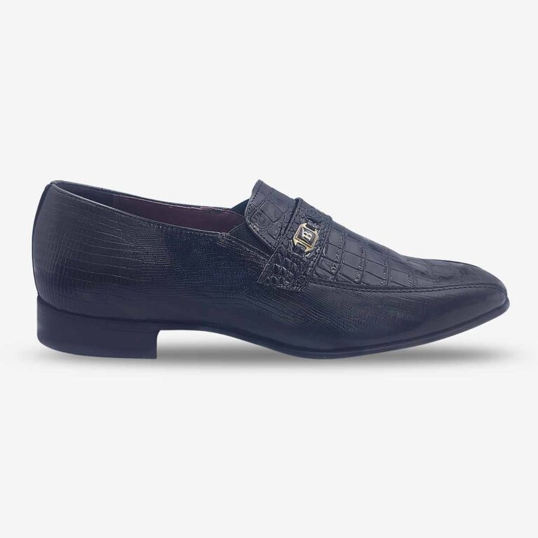 Side view of Bishop Bit Loafers in black croc lizard print leather.